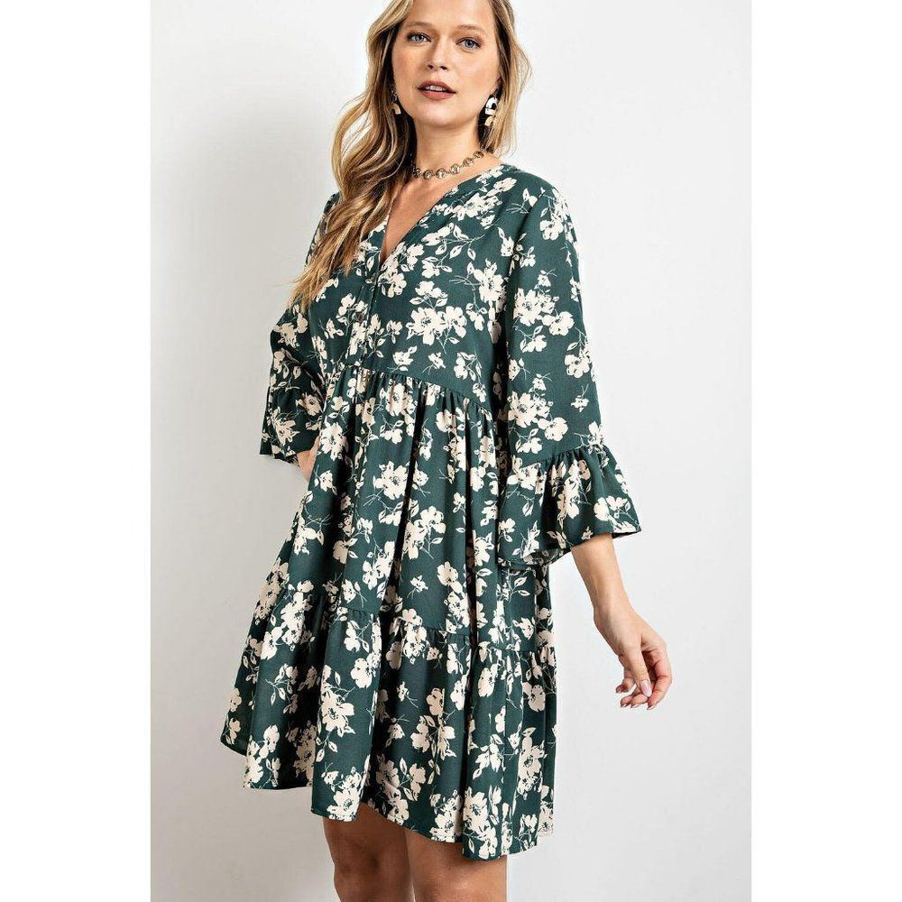 Easel Floral Printed Boho Mini Dress in Teal Green Baby Doll New ED18017